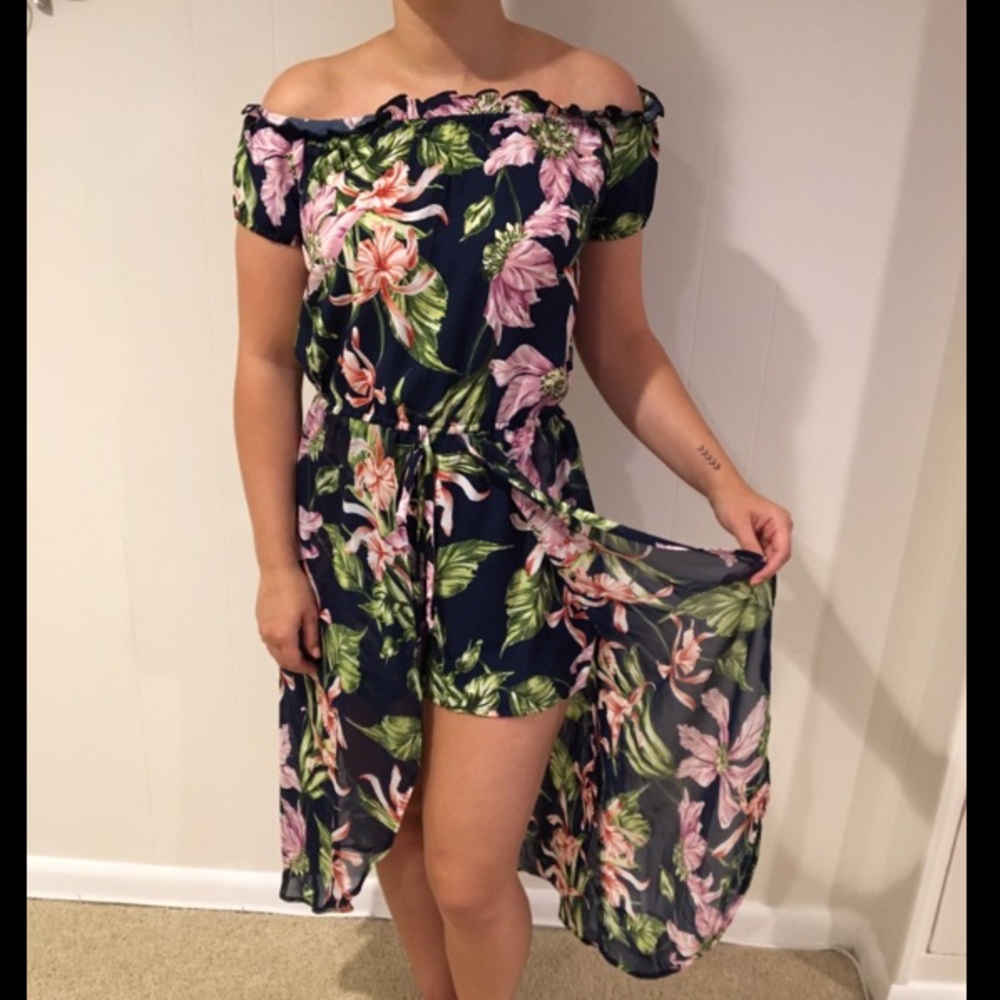 Off the Shoulder Navy Floral Romper with Skirt - Picture 5 of 5